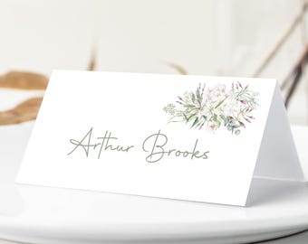 Tarjetas de nombre personalizadas para bodas, tarjetas para asientos, etiquetas para asientos, tarjetas florales en verde salvia, tarjetas para invitados, Susurros de Blanco