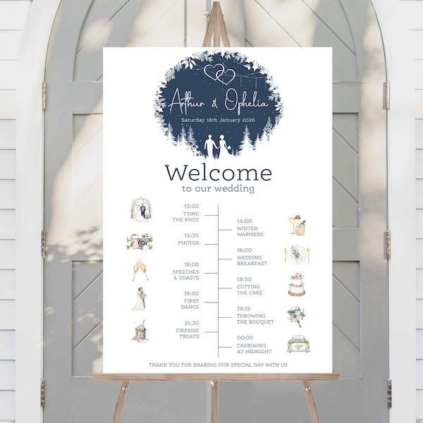 Wedding Welcome Sign | Wedding Order Of The Day | Winter Wedding | Reception Sign | Wedding Timeline Sign | Wedding Timeline Board | Printed