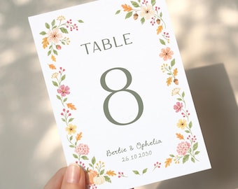 Autumn Wedding Table Numbers, Fall Wedding Cards, Whimsical Floral Wedding, Pumpkin, Floral Table Cards