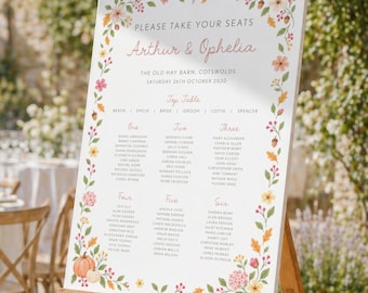 Autumn Whimsical Table Plan, Fall Wedding Seating Chart, Floral Hand Drawn Style, Pumpkins
