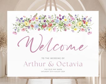 Wedding Welcome Sign, Colourful Wildflower, Bright Wedding Sign, Entrance Sign, Summer Foliage, Pink Florals, Meadow in Bloom