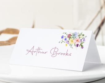 Nombres de lugares para bodas, tarjetas de lugar, tarjetas de nombre con flores silvestres de colores, flores brillantes, tarjetas para asientos, tarjetas de nombre para invitados, prado en flor
