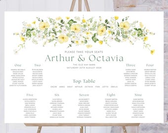 Yellow Wildflower Table Plan | Wedding Seating Chart | Yellow And Green Wild Flower | Wedding Signs | Spring Summer Weddings