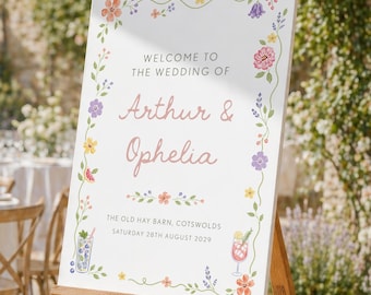 Whimsical Wildflower Welcome Sign, Floral Wedding Welcome, Hand Drawn Wedding Sign, Pastel Summer Garden Party, Bridal Party, Christening