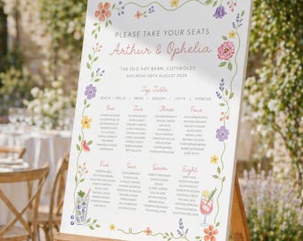 Whimsical Wildflower Table Plan, Floral Seating Sign, Hand Drawn Wedding Sign, Pastel Summer Garden Party