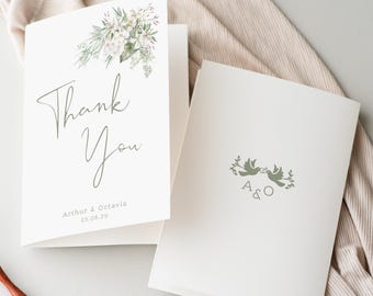 Tarjetas de agradecimiento con flores verdes, tarjetas de boda con motivos botánicos verdes, tarjetas de agradecimiento personalizadas para invitados, Susurros de blanco