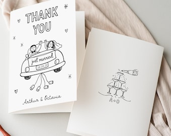 Tarjeta de agradecimiento, boda, estilo garabato dibujado a mano, dibujo caprichoso, personalizado