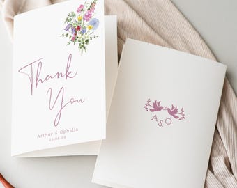 Tarjeta de agradecimiento de boda, tarjetas de agradecimiento con flores silvestres de colores, boda floral de verano, boda rosa, agradecimiento doblado, prado en flor