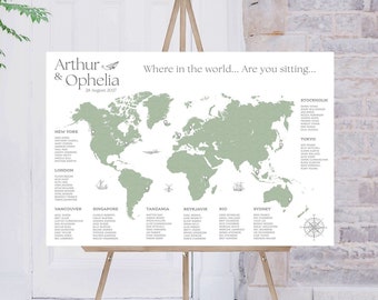 May include: A wedding seating chart with a world map background. The map is green and white. The names of the guests are listed under the names of cities around the world. The text at the top of the chart reads "Arthur & Ophelia 28 August 2027 Where in the world... Are you sitting..."