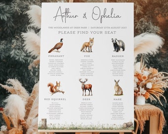 Woodland Forest Wedding Seating Plan, Animal Wedding Seating Chart, Seating Plan, Illustrated woodland Wedding, Nature Table Plan, PRINTED