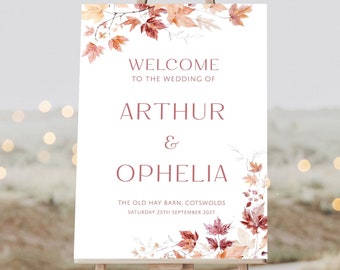 Autumn Leaf Wedding Welcome Sign | Autumnal Wedding Welcome Board | Personalised  Welcome Sign | Wedding Signs | Fall Wedding Sign | Printed