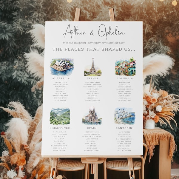 Destination Travel Table Plan | Location Icon Seating Plan | Travel Seating Poster | Landmark Table Plan | Where In The World Seating Plan