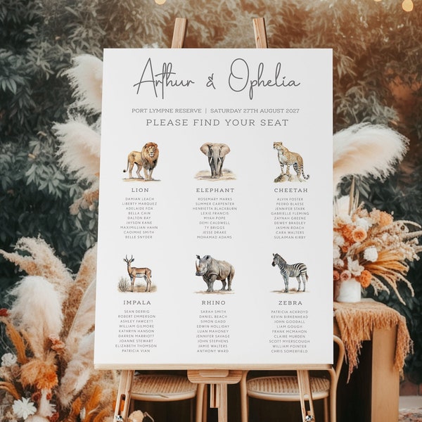 Animal Safari Wedding Seating Plan | Safari Animal Wedding Table Plan | Wedding Seating Chart |  Zoo Animal Seating Poster | PRINTED for YOU