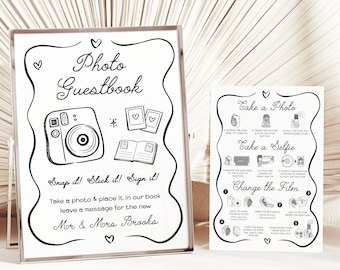 Letrero para libro de visitas con foto, póster Polaroid, boda caprichosa dibujada a mano, letreros de boda, impresos