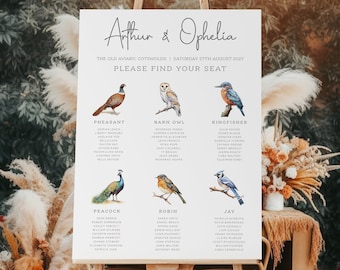 Bird Wedding Seating Plan, Animal Wedding Seating Chart, Bird Spotting Seating Plan, Illustrated Bird Wedding, Nature Table Plan, PRINTED