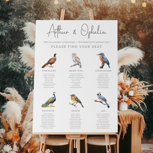 Bird Wedding Seating Plan, Animal Wedding Seating Chart, Bird Spotting Seating Plan, Illustrated Bird Wedding, Nature Table Plan, PRINTED