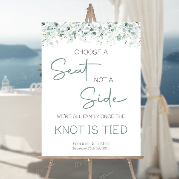 Eucalyptus Wedding Choose A Seat Not A Side Sign | Green Leaf Wedding Sign | Personalised Pick A Seat Board | Wedding Seating Sign Ceremony