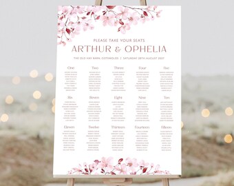 Pink Blossom Wedding Table Plan | Sakura Blossom Seating Chart | Boho Style Table Plan | Watercolour Wedding Table Plan | Seating Chart