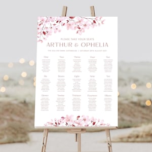 Pink Blossom Wedding Table Plan | Sakura Blossom Seating Chart | Boho Style Table Plan | Watercolour Wedding Table Plan | Seating Chart