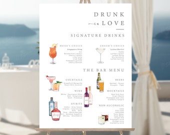PRINTED Drunk In Love Sign, Personalised Signature Cocktail Bar Sign, The Drinks Are On Us, Wedding Cocktails, Welcome Sign, Table Plan