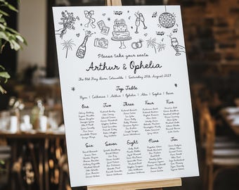Hand Drawn Wedding Table Plan, Scribble Seating Chart, Doodle Illustration, Whimsical Wedding Poster