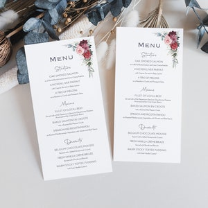 Wedding Menu Card | Burgundy, Pink & White Table Menu | Dinner Menu | Wedding Breakfast Menu | Personalised Menu | Guest Menu Card | PRINTED