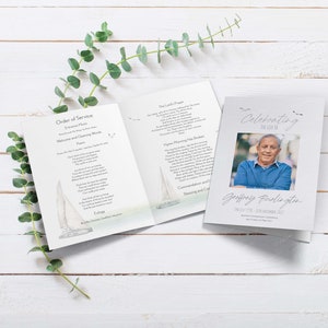 May include: A memorial service program featuring a photograph of a man, the text "Celebrating the Life of Geoffrey Burlington", and the dates 1st June 1938 - 16th December 2022. The program includes the order of service and a poem.