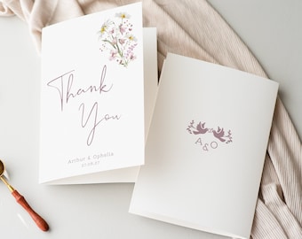 Wildflower Thank You Cards | Pink Wildflower Wedding Thank You Cards | Folded Thank You Cards | Spring Wedding | PRINTED Thank You Cards