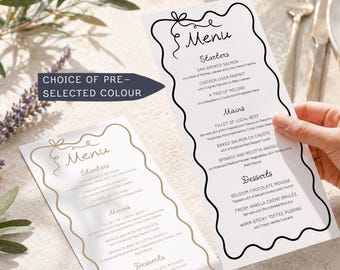 Menú de boda con lazo, tarjeta de cena original, diseño de cinta dibujada a mano, menú personalizado.
