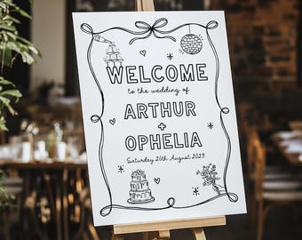 Letrero de bienvenida de boda dibujado a mano, estilo garabato, ilustraciones caprichosas, personalizado e impreso.