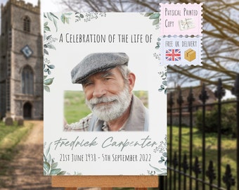 PRINTED Funeral Welcome Sign | Eucalyptus | Memorial Sign | Celebration Of Life | Photo Funeral Personalised Remembrance | Sizes A4 - A0