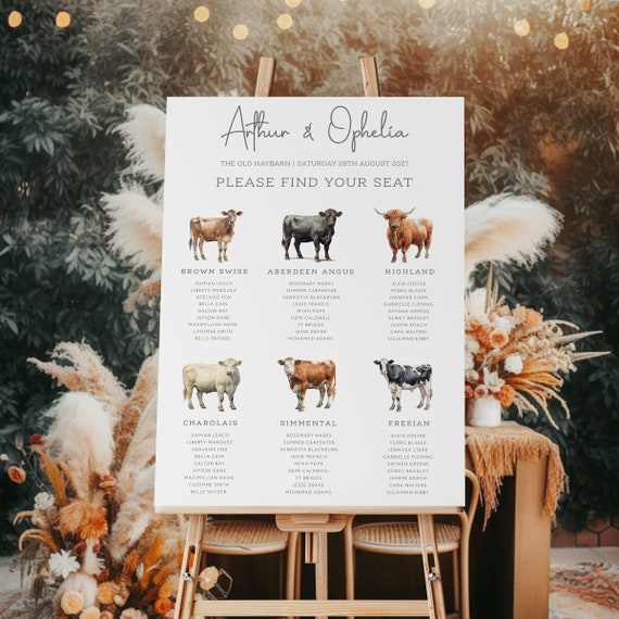 Cow Wedding Table Plan | Farming Themed Table Plan | Farm Wedding Table Plan | Cow Breeds Wedding Table Plan | Cattle Wedding Seating Chart