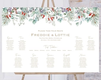 Christmas Wedding Seating Chart | Winter Green & Red Berry Wedding Table Plan | Table Planner | Breakfast Seating Plan | Seating Chart