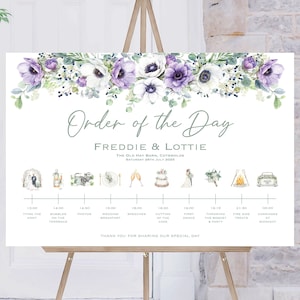 Wedding Order Of The Day | Purple White Flowers | Reception Sign | Wedding Timeline Sign | Wedding Signs | Wedding Welcome Sign | Printed