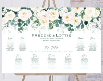 White Flower Wedding Table Plan | Green Wedding Breakfast Seating Plan | Rose Reception Sign | Seating Chart | Table Planner | Wedding Signs