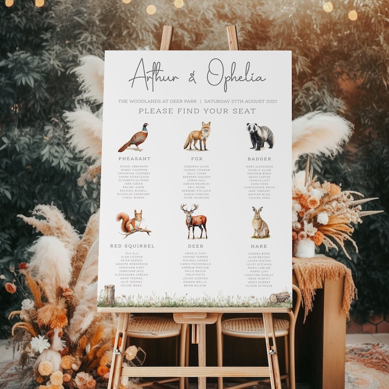 May include: A wedding seating chart with a woodland theme. The chart features illustrations of a pheasant, fox, badger, red squirrel, deer, and hare. Each animal has a list of names underneath it. The chart is titled "Arthur & Ophelia" and includes the date "Saturday 27th August 2027".