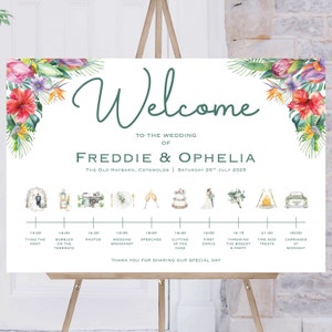 Tropical Wedding Order Of The Day | Tropical Greenery Wedding | Reception Sign | Wedding Timeline Sign | Wedding Signs |Wedding Welcome Sign