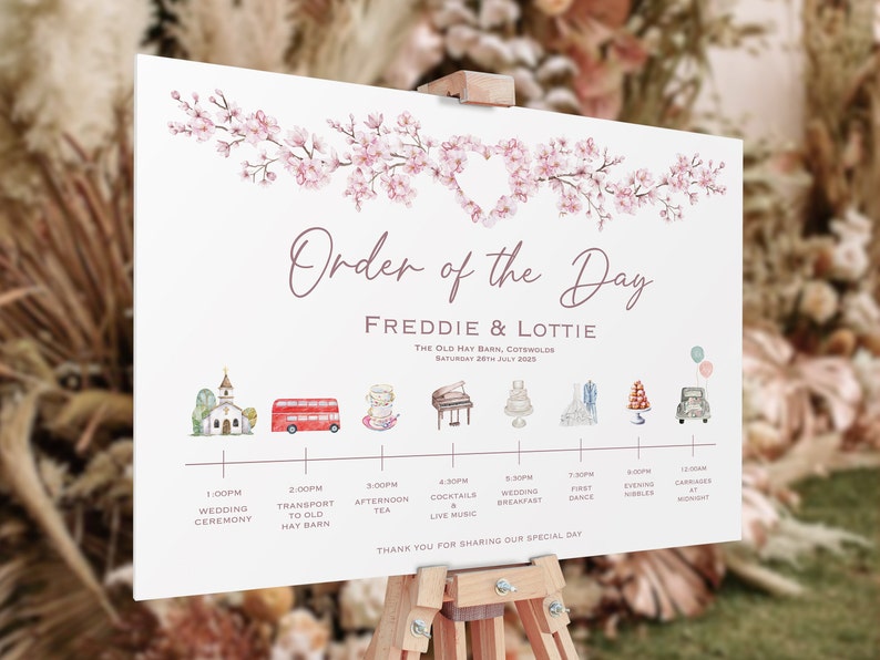 Wedding Order Of The Day Pink Cherry Blossom Sign Reception Sign Wedding Timeline Sign Wedding Signs Wedding Welcome Sign Printed image 2