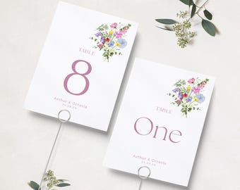 Números de mesa para bodas, nombres de mesa, tarjetas con números de flores silvestres, tarjetas florales para mesas, bodas coloridas, prados en flor