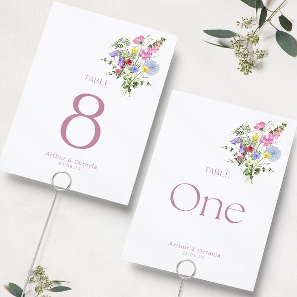 Números de mesa para bodas, nombres de mesa, tarjetas con números de flores silvestres, tarjetas florales para mesas, bodas coloridas, prados en flor