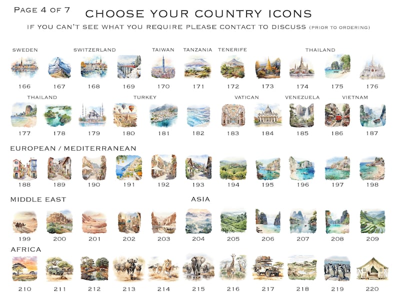 May include: A page from a guide showing watercolor illustrations of country icons. The icons are arranged in rows and columns, with each icon representing a different country. The countries are labeled with their names and numbers. The page is titled "Choose Your Country Icons" and includes the text "If you can't see what you require please contact to discuss (prior to ordering)".