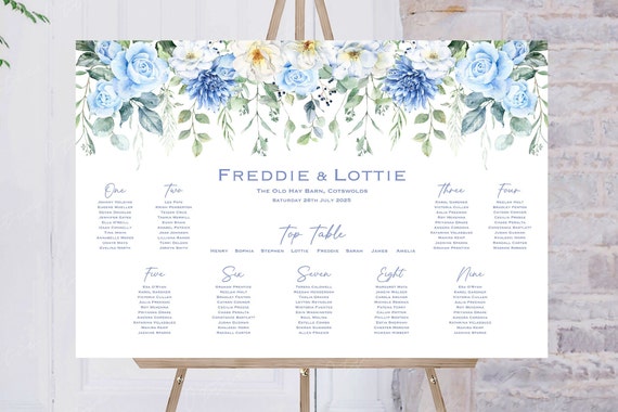 Numeri dei tavoli nuziali / Matrimonio con fiori blu e bianchi / Nomi dei tavoli / Numeri dei tavoli del ricevimento / Biglietti da visita per i tavoli / A5 e A6 / Stampati - Italia