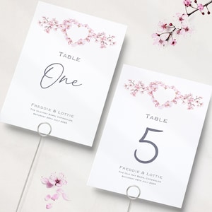 Números de mesa de casamento Sakura em flor de cerejeira rosa | Números de mesa para recepção de casamento | Nomes de mesas de casamento | Cartões de nome de mesa |A5 e A6|Impressos