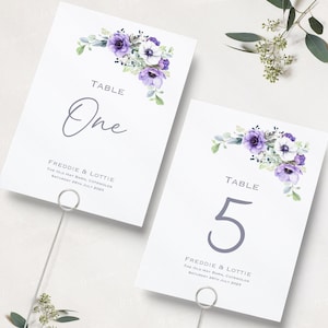 Lila Hochzeit Tischnummern | Lila Blumenhochzeit | Flieder Tischnamen | Empfang Tischnummern | Tischnamenkarten | A5 & A6 | Gedruckt