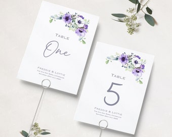 Purple Wedding Table Numbers | Purple Floral Wedding | Lilac Table Names | Reception Table Numbers | Table Name Cards | A5 & A6 | Printed