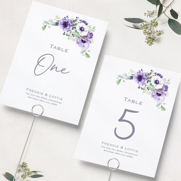 Numéros de table de mariage violets | Mariage floral violet | Noms de table lilas | Numéros de table de réception | Cartes de visite | A5 et A6 | Imprimé