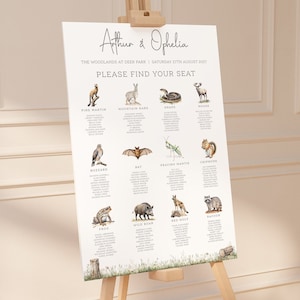 May include: A wedding seating chart with a woodland theme. The chart features illustrations of various animals, including a pine martin, mountain mare, buzzard, frog, bat, praying mantis, chipmunk, moose, snake, red wolf, raccoon, and wild boar. The chart is titled "Arthur & Ophelia" and includes the date "Saturday 27th August 2027".