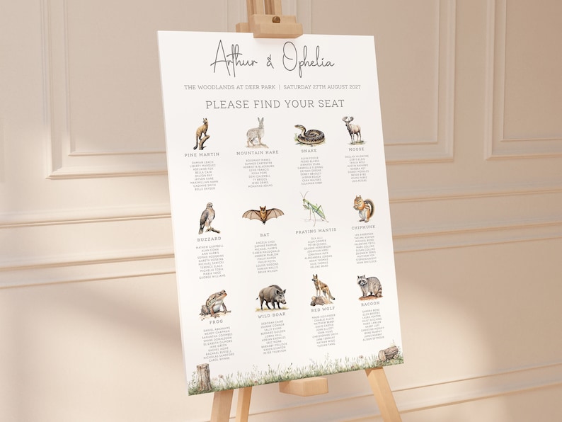 May include: A wedding seating chart with a woodland theme. The chart features illustrations of various animals, including a pine martin, mountain mare, buzzard, frog, bat, praying mantis, chipmunk, moose, snake, red wolf, raccoon, and wild boar. The chart is titled "Arthur & Ophelia" and includes the date "Saturday 27th August 2027".