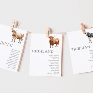 Cow Wedding Table Plan Cards, Cow Wedding Signs, Farmers Wedding, Seating Plan Cards, Animal Table Plan, Cow Breeds, Farm Wedding Decor
