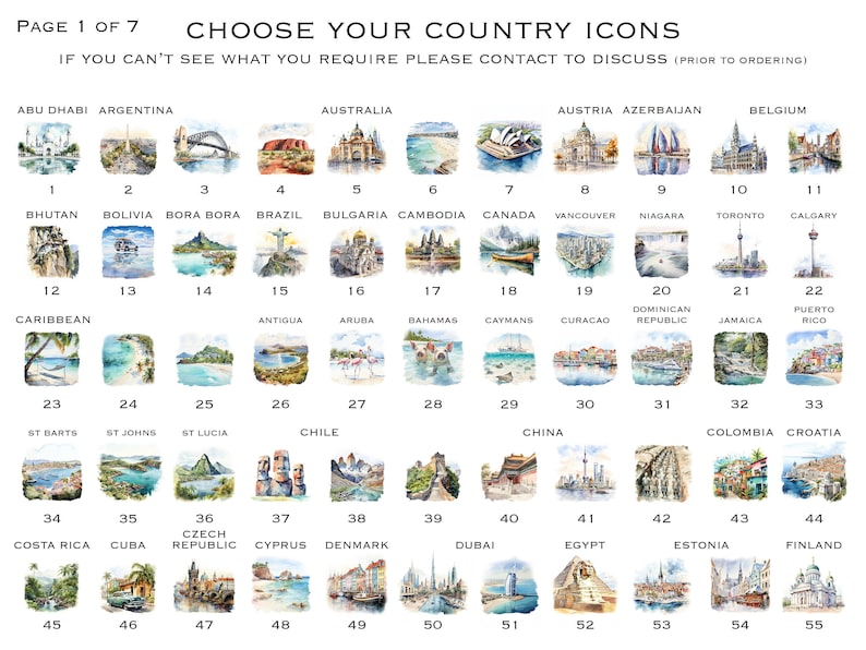 May include: A watercolor illustration of country icons, featuring landmarks and symbols from around the world. The icons are numbered from 1 to 55, with each number corresponding to a different country. The illustrations are in a variety of colors and styles, and they are all set against a white background.